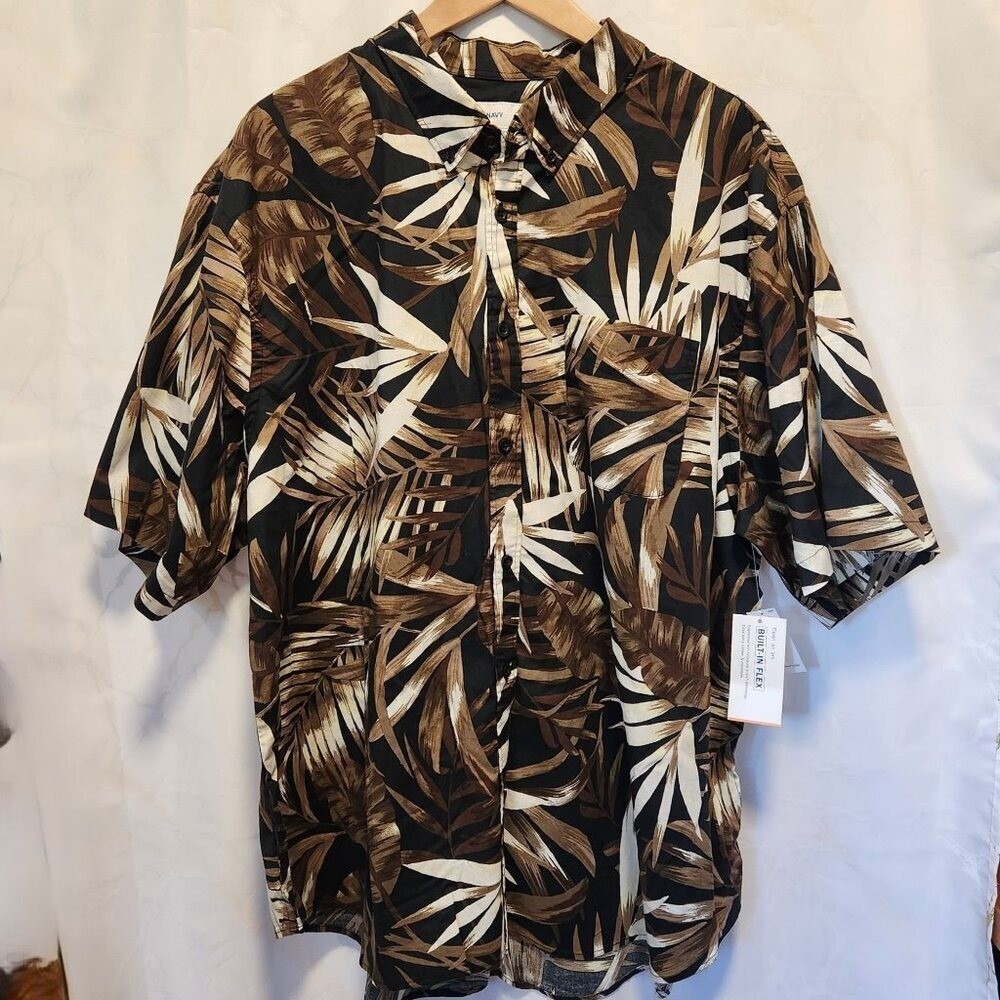Old Navy Mens Size 3XL Button Up Short Sleeve Shirt Black White Tropical Pattern